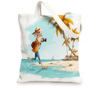 Bolsas de lona con diseño de escena de playa, divertidas bolsas de compras reutilizables con patrón de vacaciones tropicales, ligeras y lavables con correa para el hombro, Blanco, 13x15 Inch