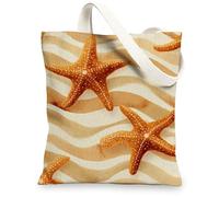 Bolsas de lona con diseño de estrella de mar, bolsas de comestibles reutilizables con elegante patrón de estrellas, bolsas de lona ligeras y lavables con correa para el hombro, Beige, 13x15 Inch