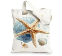 Bolsas de lona con diseño de estrella de mar del océano, bolsas de compras ecológicas, ligeras, lavables, para viajes a la playa, Blanco, 13x15 Inch