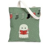 Bolsas de lona con diseño de fantasmas de Navidad, bolsas de comestibles reutilizables con bonito diseño espeluznante, ligeras y lavables para invierno, con correa de hombro, Verde, 13x15 Inch