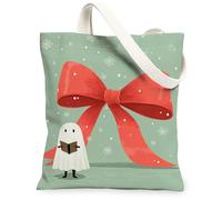 Bolsas de lona con diseño de fantasmas de Navidad, bolsas de comestibles reutilizables con bonito patrón de lazo, ligeras y lavables con correa de hombro para Ou, Verde, 13x15 Inch