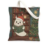 Bolsas de lona con diseño de fantasmas de Navidad, bolsas de comestibles reutilizables con bonito patrón navideño, vintage, ligeras y lavables, correa de hombro C, Blanco, 13x15 Inch