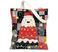 Bolsas de lona con diseño de fantasmas de Navidad, divertidas bolsas de comestibles reutilizables, vintage, ligeras y lavables, Rojo, 13x15 Inch