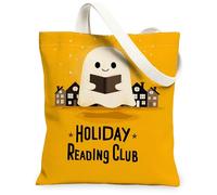 Bolsas de lona con diseño de fantasmas navideños, bolsas de comestibles reutilizables con bonito diseño de personajes espeluznantes, ligeras y lavables con correa para el hombro, Amarillo, 13x15 Inch