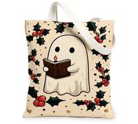 Bolsas de lona con diseño de fantasmas navideños, bolsas de comestibles reutilizables con bonito diseño espeluznante, estilo vintage, ligeras, lavables, con hombro, S, Beige, 13x15 Inch