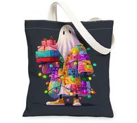 Bolsas de lona con diseño de fantasmas navideños, bolsas de compras reutilizables con patrones festivos coloridos, correa de hombro ligera y lavable, Negro, 13x15 Inch