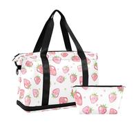 Bolsas de lona con diseño de fresas rosas sobre fondo blanco, bolsa de transporte para llevar durante la noche y equipaje, bolsa de viaje para gimnasio, bolsa de aseo con bolsa de aseo para deportes,