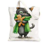 Bolsas de lona con diseño de gato, bonitas bolsas reutilizables con patrón de pan de jengibre felino, retro, ligeras, lavables para exteriores, Blanco, 13x15 Inch