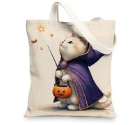 Bolsas de lona con diseño de gato mágico, bolsas de comestibles reutilizables con ilustración de gato, divertidas, ligeras, lavables, con correa para el hombro, para gimnasio, viajes, playa, 13 x 15