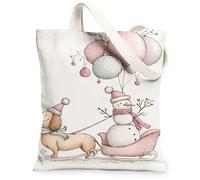 Bolsas de lona con diseño de muñeco de nieve y perro, adorable escena de invierno, reutilizables, ligeras y lavables, correa para el hombro C, Blanco, 13x15 Inch