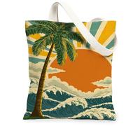 Bolsas de lona con diseño de palmera tropical, bolsas reutilizables con diseño de océano y atardecer, lona ligera y lavable para viajes, playa, Naranja, 13x15 Inch