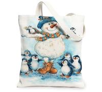 Bolsas de lona con diseño de pingüino, adorables bolsas de comestibles reutilizables con estampado de muñeco de nieve, ligeras y lavables, con correa de hombro para compras, viajes, playa, 13 x 15