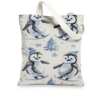 Bolsas de lona con diseño de pingüino, bolsas de comestibles reutilizables con bonito estampado de animales, para invierno, ligeras, lavables, con correa para el hombro, Azul, 13x15 Inch