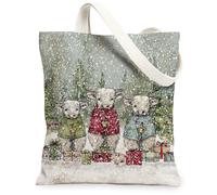 Bolsas de lona con diseño de vacas de Navidad, bolsas de comestibles reutilizables con patrón de animales rústicos, ligeras y lavables, correa de hombro Ca, Gris, 13x15 Inch