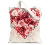 Bolsas de lona con diseño floral de corazón y rosa, bolsas de comestibles reutilizables con diseño de flores, ligeras y lavables, correa de hombro para viajes, al aire libre, playa, picnic, 13 x 15