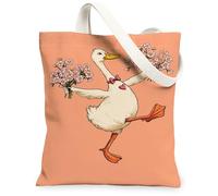 Bolsas de lona con diseño floral de pato, bolsas de comestibles reutilizables con diseño de flores de animales, vintage, ligeras, lavables, Melocotón, 13x15 Inch