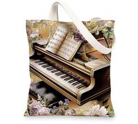 Bolsas de lona con diseño floral de piano, elegantes bolsas de comestibles reutilizables con temática musical, arte vintage, ligeras y lavables, correa de hombro C, Varios colores, 13x15 Inch