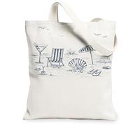 Bolsas de lona con escena de playa, diseño vintage de verano al aire libre, ligeras, lavables, elegantes y ecológicas, Blanco, 13x15 Inch