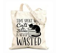 Bolsas de lona con estampados personalizables Citas sobre gestión de libros: El tiempo pasado con gatos y libros nunca es tiempo perdido. Tela de 12 oz de grosor Combina con la ropa 35x40cm Grande