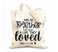 Bolsas de lona con impresión digital Diseño de impresión tipográfica con cita de amor familiar y así juntos construyeron una vida que amaban. Tela de 12 oz de grosor Se usa como neceser 35x40cm Grande