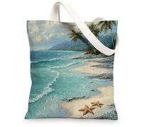 Bolsas de lona costeras con patrón artístico de escena oceánica, bolsas de compras reutilizables, playa tropical, ligeras, lavables, Azul, 13x15 Inch