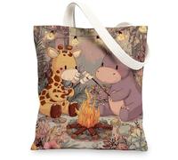 Bolsas de lona de animales, con bonito patrón de hipopótamo de jirafa, bolsas de compras reutilizables, bohemias, ligeras, lavables, hombro B, Varios colores, 13x15 Inch