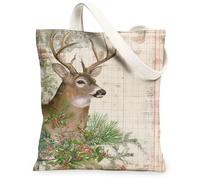 Bolsas de lona de ciervo, diseño rústico de vida silvestre, bolsas reutilizables para comestibles, diseño vintage de invierno, lavable, correa de hombro F, Beige, 13x15 Inch