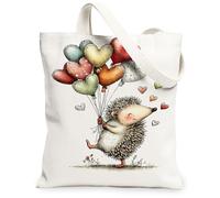 Bolsas de lona de erizo, con bonito diseño de corazón de animales, reutilizables, vintage, ligeras, lavables, para el hombro, Blanco, 13x15 Inch