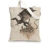 Bolsas de lona de fantasía, diseño artístico de castillo de dragón, bolsas de compras ligeras y reutilizables, estilo gótico vintage ecológico, Beige, 13x15 Inch