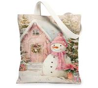 Bolsas de lona de invierno con diseño de muñeco de nieve, bolsas de compras reutilizables con escena navideña, arte vintage festivo, ligeras, lavables, Melocotón, 13x15 Inch