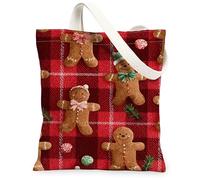 Bolsas de lona de jengibre de Navidad, bolsas reutilizables con patrón de galletas navideñas, correa de hombro lavable rústica de invierno, Rojo, 13x15 Inch