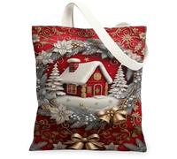 Bolsas de lona de Navidad, diseño de escena de invierno, bolsas de comestibles ligeras y reutilizables, diseño floral vintage lavable, Rojo, 13x15 Inch