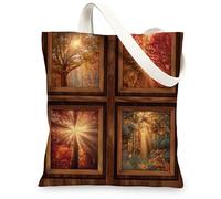 Bolsas de lona de otoño, bolsas de comestibles reutilizables con escena de la naturaleza rústica, bolsas de lona ligeras y lavables con correa de hombro para gimnasio, viajes al aire libre, playa