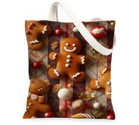 Bolsas de lona de pan de jengibre, bolsas de comestibles reutilizables con patrón vintage de vacaciones, correa de hombro ligera y lavable para Shoppi, Marrón, 13x15 Inch