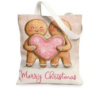 Bolsas de lona de pan de jengibre de Navidad, bolsas de comestibles reutilizables con bonito diseño navideño, ligeras y lavables con correa de hombro para viajes, picnic, 13 x 15 pulgadas