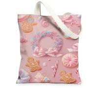 Bolsas de lona de pan de jengibre navideñas, bolsas de comestibles reutilizables con patrón de caramelos, para invierno, vintage, ligeras, lavables, Melocotón, 13x15 Inch