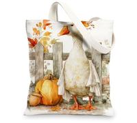 Bolsas de lona de pato, diseño de animales lindos, reutilizables, estilo rústico, estilo otoñal, ligeras, lavables, con correa para el hombro, Blanco, 13x15 Inch
