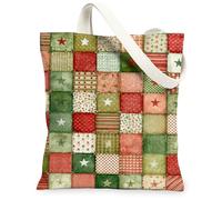 Bolsas de lona de retazos navideños, bolsas de compras reutilizables con patrón de estrella y corazón, para invierno, vintage, ligeras, lavables, Ca, Rojo y verde, 13x15 Inch