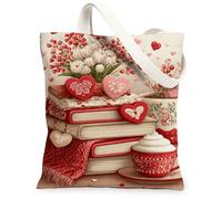 Bolsas de lona florales de San Valentín, con diseño de corazón, lavables, con correa de hombro decorativa vintage para viajes, Rojo, 13x15 Inch