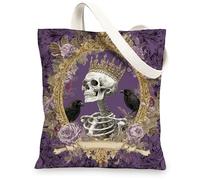 Bolsas de lona góticas, diseño de esqueleto y cuervo, bolsas reutilizables para comestibles, diseño floral vintage, ligera, lavable, para gimnasio, Violeta, 13x15 Inch