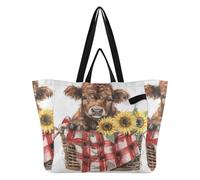 Bolsas de lona para cocina, bolsas de comestibles, bolsa de manualidades para hombres, compras, viajes, vaca de las tierras altas con girasoles, búfalo a cuadros