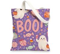 Bolsas de lona para Halloween, con diseño de fantasmas y caramelos, reutilizables, divertidas, ligeras, lavables, Violeta, 13x15 Inch