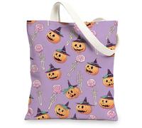 Bolsas de lona para Halloween, divertidas bolsas de compras reutilizables con patrón de calabaza y caramelos, de temporada, ligeras, lavables, Violeta, 13x15 Inch