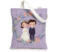 Bolsas de lona para parejas de bodas, bolsas de compras reutilizables con bonito diseño floral, bolsas de lona ligeras y lavables con correa para el hombro, Violeta, 13x15 Inch