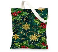 Bolsas de lona para vacaciones, con patrón festivo de hojas y estrellas, bolsas de compras reutilizables, elegantes de temporada, ligeras y lavables, Verde, 13x15 Inch