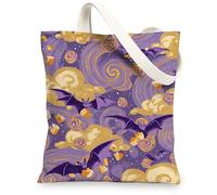 Bolsas de lona reutilizables con diseño de murciélagos y caramelos, divertidas, ligeras, lavables, con correa para el hombro, Violeta, 13x15 Inch