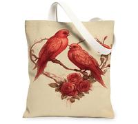 Bolsas de lona reutilizables con diseño floral de pájaros y rosas, primaveral, vintage, chic, lavable, correa de hombro F, Rojo, 13x15 Inch