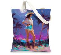 Bolsas de lona tropicales, coloridas bolsas de compras reutilizables con escena de playa, artísticas, vibrantes, ligeras, lavables, con correa para el hombro, bolsas de lona para viajes, picnic al