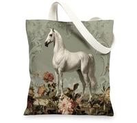 Bolsas de lona vintage de caballo, elegante diseño floral, bolsas de compras reutilizables, ligeras y lavables con correa para el hombro, Blanco, 13x15 Inch