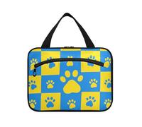 Bolsas de maquillaje colgantes con diseño de huellas azules y amarillas para mujer con gancho, bolsa de maquillaje de moda de diseñador para artículos esenciales de viaje para mujer, estuche de viaje
